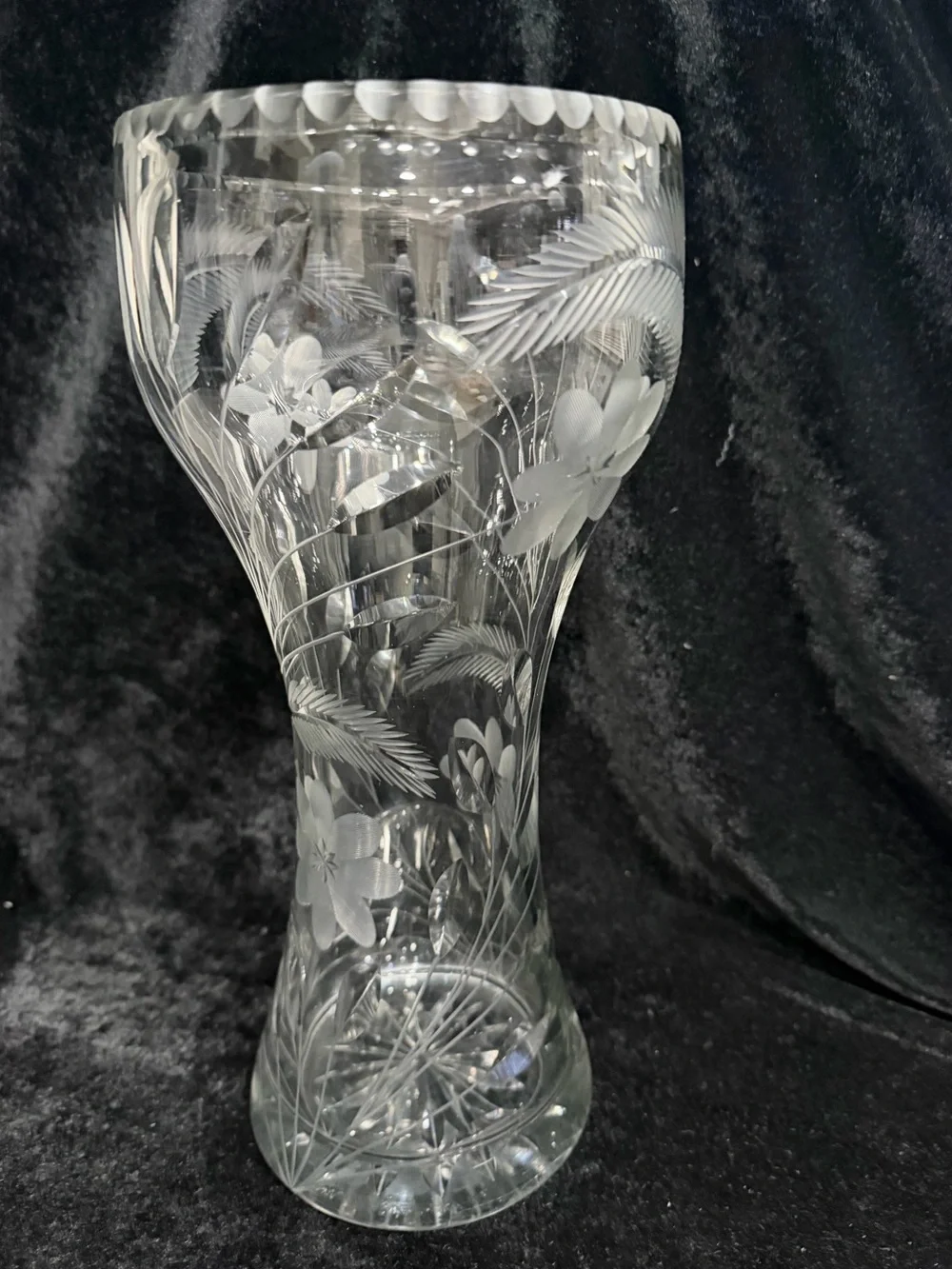 Vintage Crystal Etched Cut Floral Glass Vase - Clear